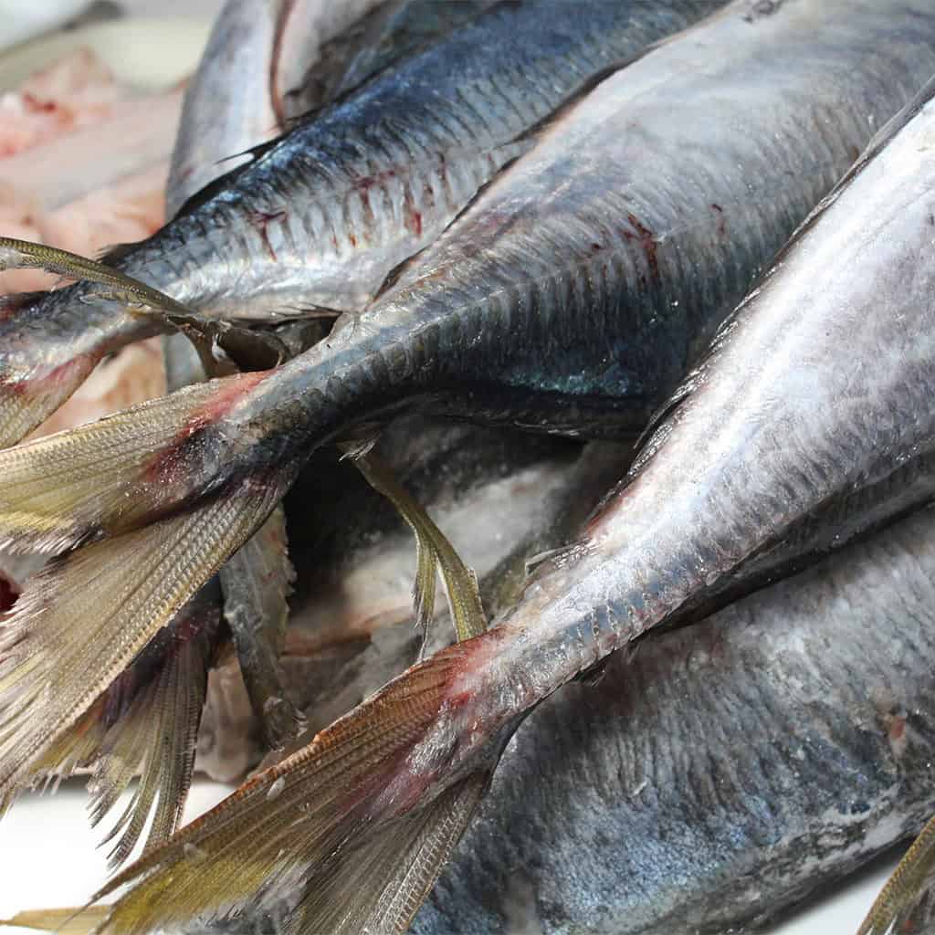 Whole fresh fish with fanned tails and silver scales piled on ice at a fish market.