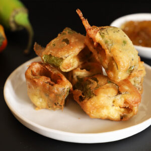 Prosecco-battered fried hatch chiles stacked on a white plate with peach jalapeno jam alongside.